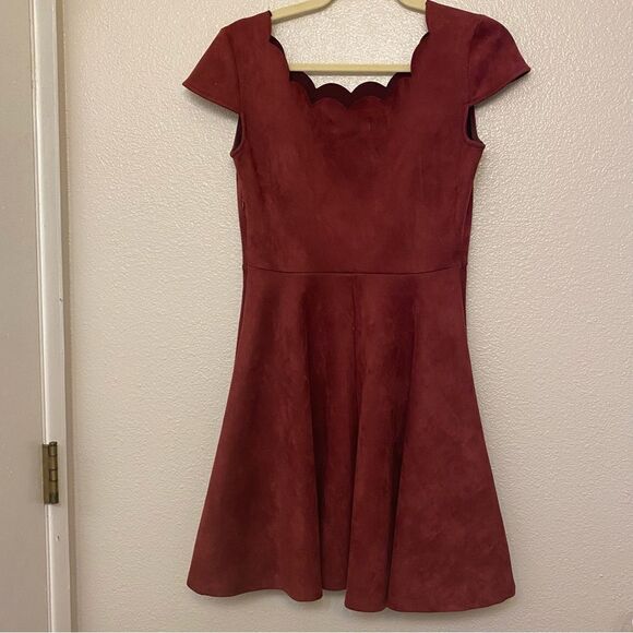 Lulus Dearest Dream burgundy Red Suede scallop short Skater holiday Dress S - Picture 3 of 13